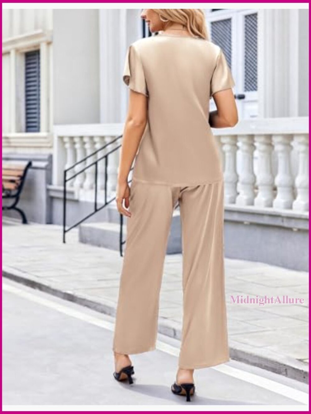 Silky Satin Pajama Set 2-Piece Loose Fit Short Sleeve Shirt Long Pants - Picture 5 of 7